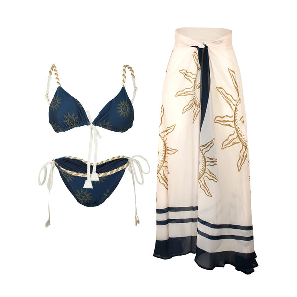 Conjunto 2 Peças Biquíni e Saia Estampa Solar Azul Marinho