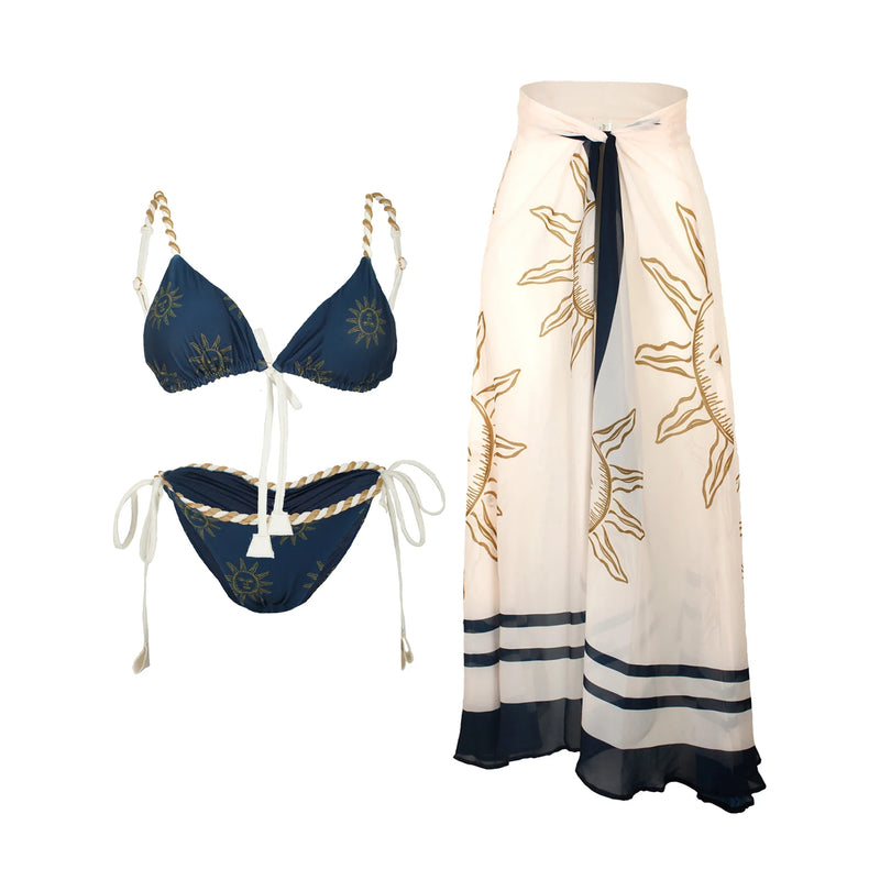 Conjunto 2 Peças Biquíni e Saia Estampa Solar Azul Marinho