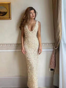 Vestido Longo Com Fenda Flores 3D Off White