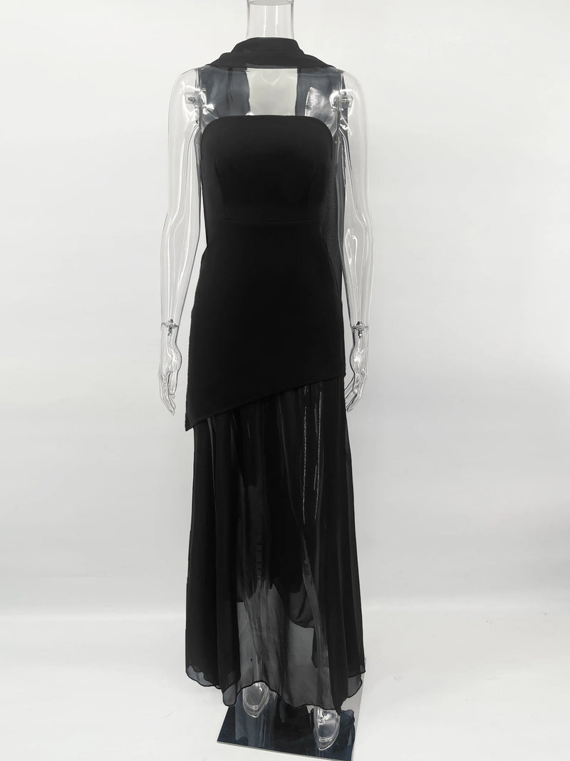 Vestido Longo Tomara Que Caia Assimétrico Sobreposto Marrom