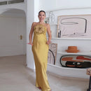 Vestido Longo Em Cetim Com Amarração No Pescoço Amarelo