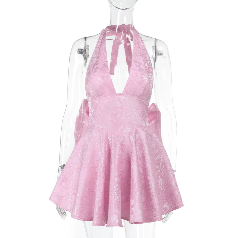 Vestido Curto Rodado Decote V Com Laço Amarelo