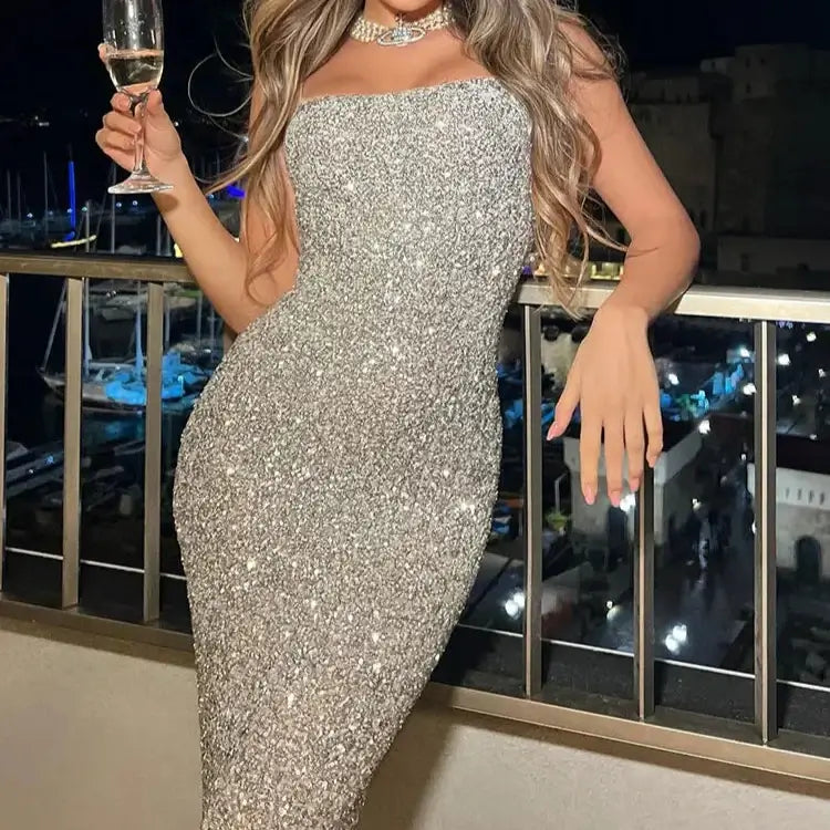 Vestido Midi De Paetês Alça Fina Prata