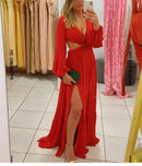 Vestido Longo Manga Longa Com Fenda em Musseline Rosa