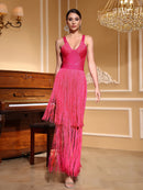 Vestido Longo De Malha Todo Em Franjas Pink