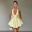 Vestido Curto Rodado Decote V Com Laço Amarelo