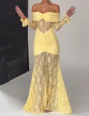 Vestido Longo Estilo Sereia Ombro a Ombro Amarelo