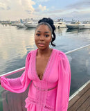 Vestido Longo Manga Longa Gola V Com Babados Rosa