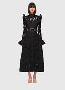 Vestido Midi Rendado Manga Longa Com Cinto Branco