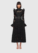 Vestido Midi Rendado Manga Longa Com Cinto Preto