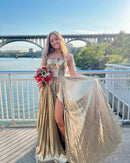 Vestido Longo Metalizado Plissado Dourado