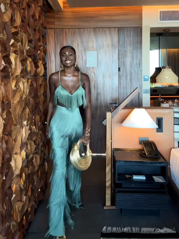 Conjunto 2 Peças Todo Em Franjas Top + Calça Verde