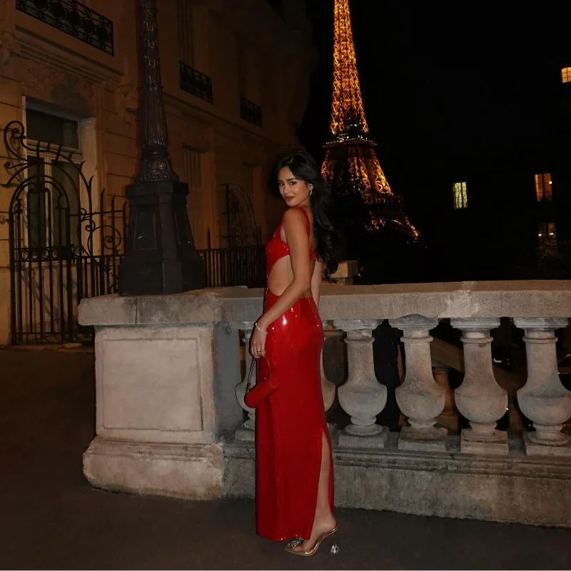 Vestido Longo De Paetês Com Alça Média Branco