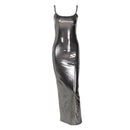 Vestido Midi Alça Fina Cintilante Cinza