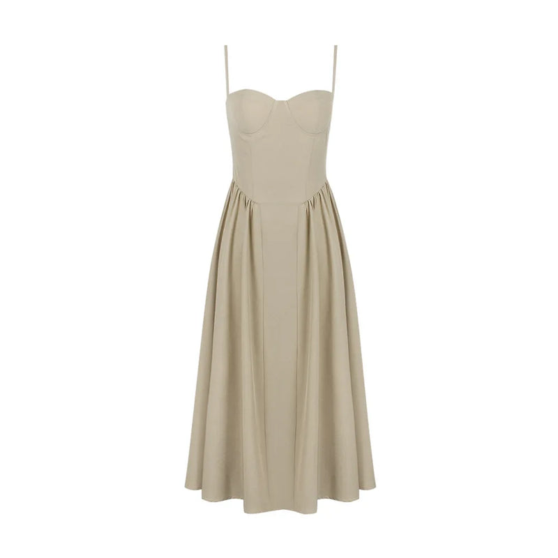 Vestido Rodado Alça Fina Plissado Bege