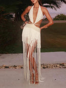 Vestido Longo De Franjas Com Recortes Assimétricos Off White