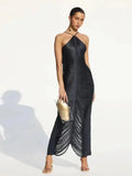 Vestido Midi De Franjas Gola Halter Dourado