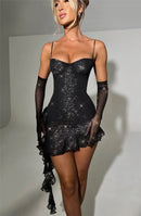 Vestido Curto Em Lurex Brilhoso Com Babados Preto