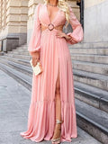 Vestido Longo Manga Longa Com Fenda em Musseline Rosa