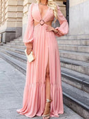 Vestido Longo Manga Longa Com Fenda em Musseline Rosa