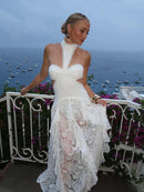 Vestido Longo Todo Rendado Com Babados Branco