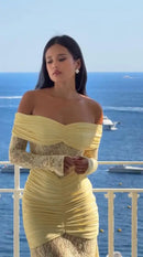 Vestido Longo Estilo Sereia Ombro a Ombro Amarelo