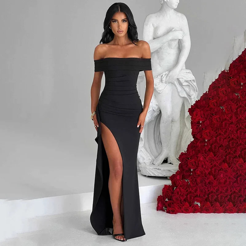 Vestido Ombro A Ombro Com Fenda Preto