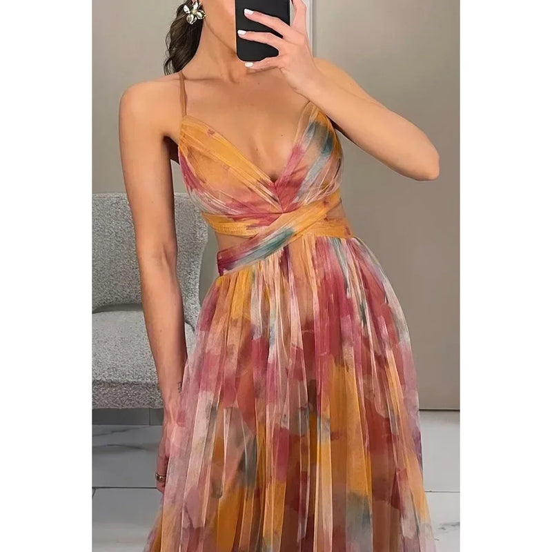 Vestido Longo Em Tule Com Alça Fina Estampa Floral Verde