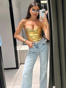 Blusa Curta Tomara Que Caia Metalizada Dourado