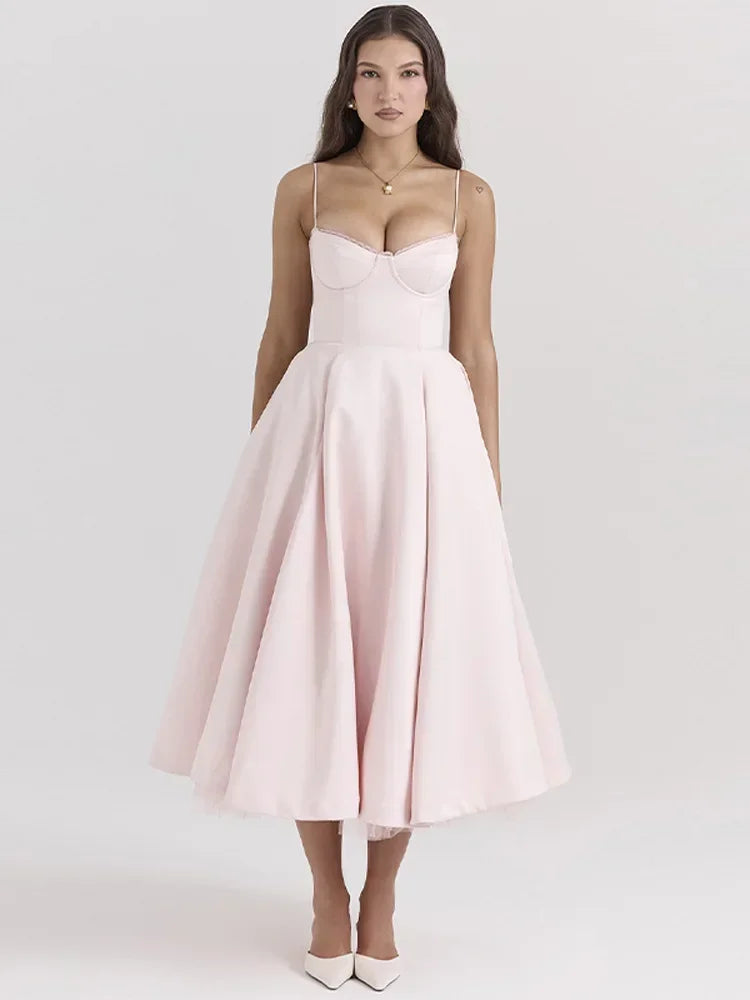 Vestido Rodado Decote Coração Rosa