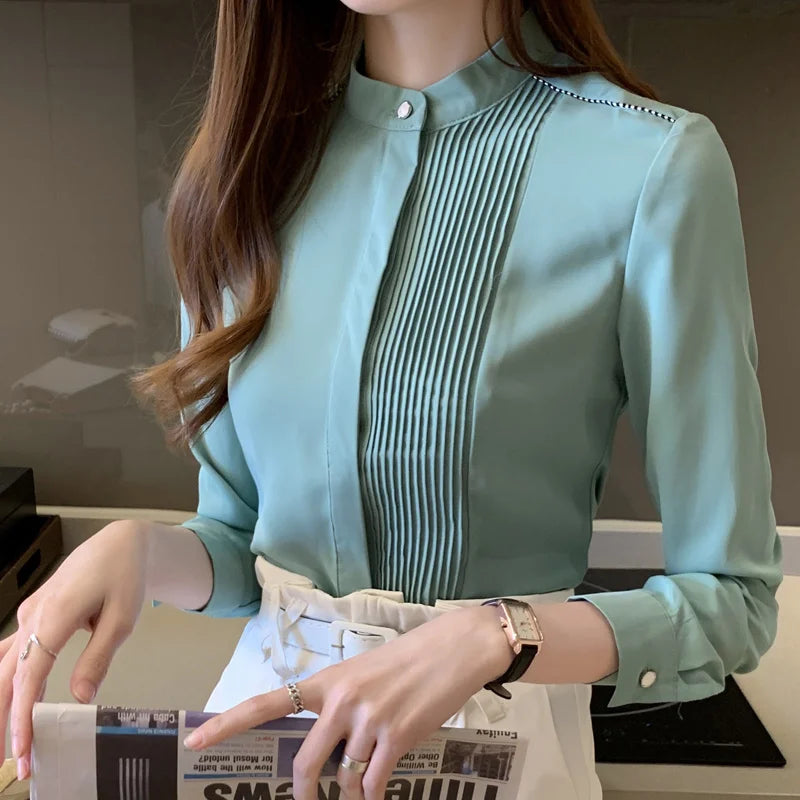 Camisa Social Manga Longa Chiffon Verde