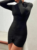 Vestido Curto Manga Longa Franzido