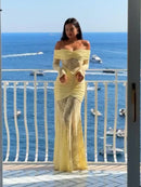 Vestido Longo Estilo Sereia Ombro a Ombro Amarelo