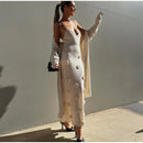 Vestido Longo Decote V Flores 3D Off White