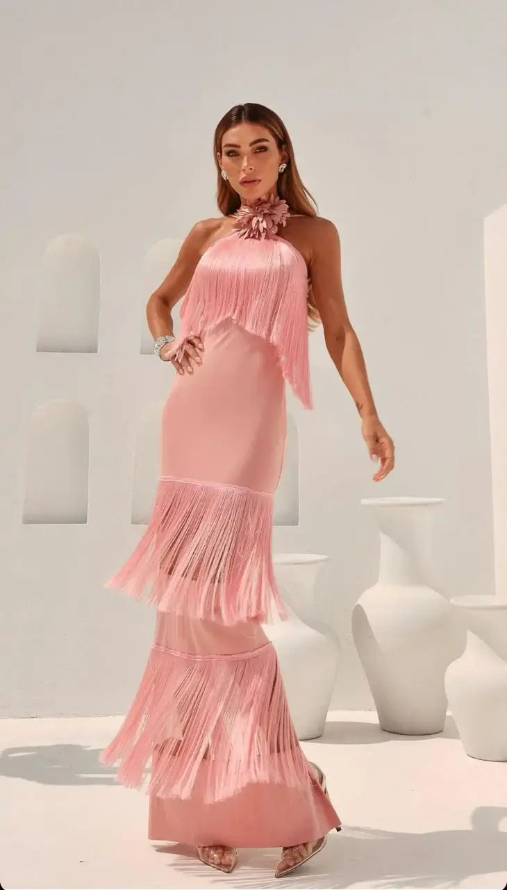 Vestido Longo Com Franjas Gola Halter Pink