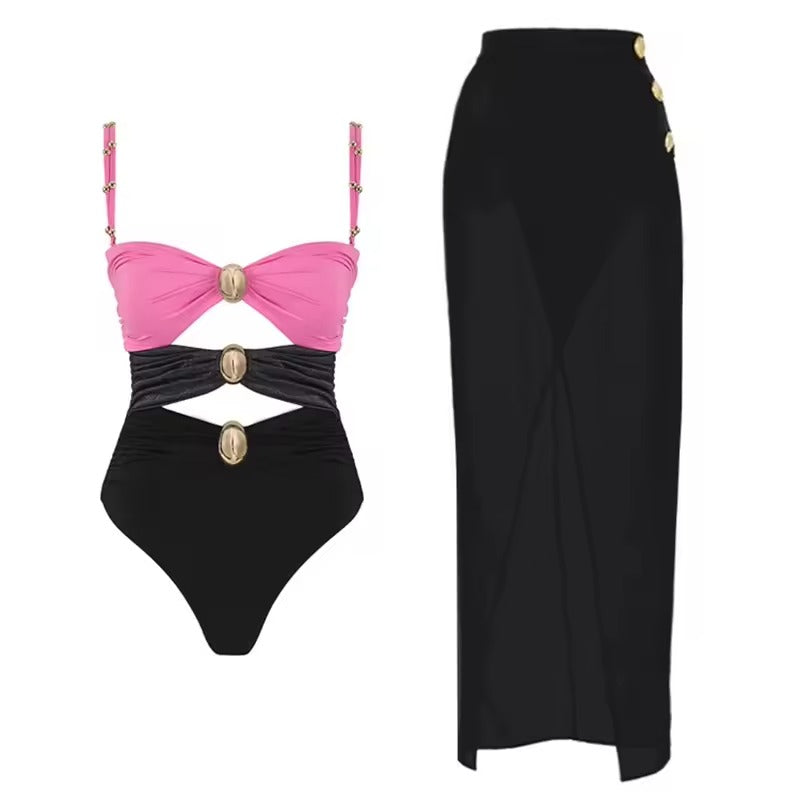 Conjunto 2 Peças Maiô e Saia Multicolorido Bege