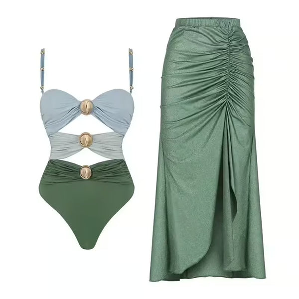 Conjunto 2 Peças Maiô e Saia Multicolorido Verde