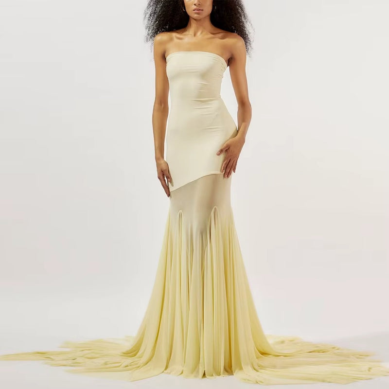 Vestido Longo Tomara Que Caia Sobreposto Em Chiffon Amarelo