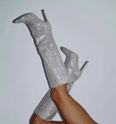 Bota Bico Fino Cano Alto 9cm Com Strass Preto