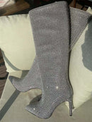 Bota Bico Fino Cano Alto 9cm Com Strass Preto