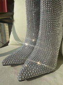 Bota Bico Fino Cano Alto 9cm Com Strass Preto