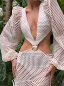 Vestido Longo Rendado Com Mangas Bufantes Off White