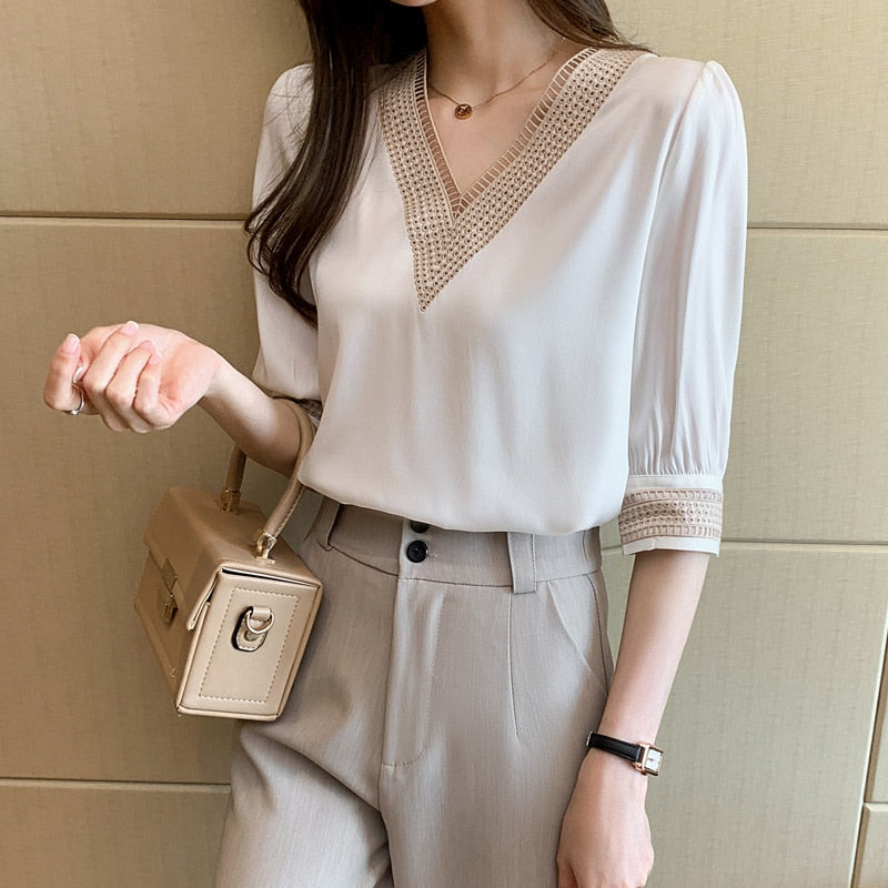 Blusa Manga Longa De Chiffon Decote V