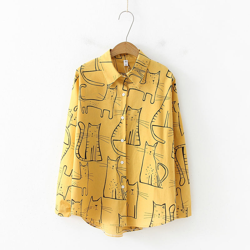 Camisa Manga Comprida Estampa Felinos