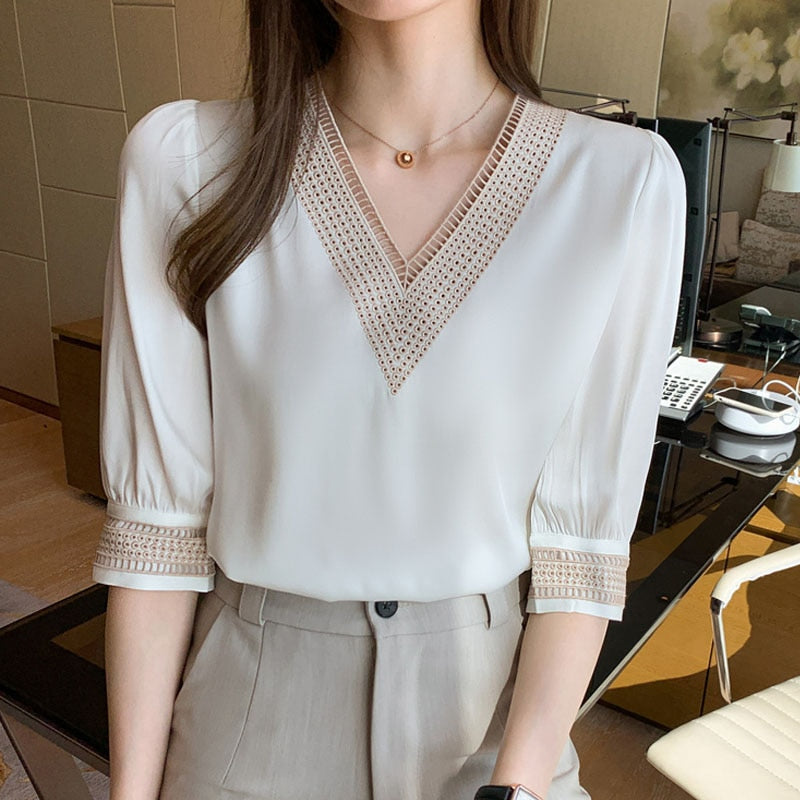 Blusa Manga Longa De Chiffon Decote V
